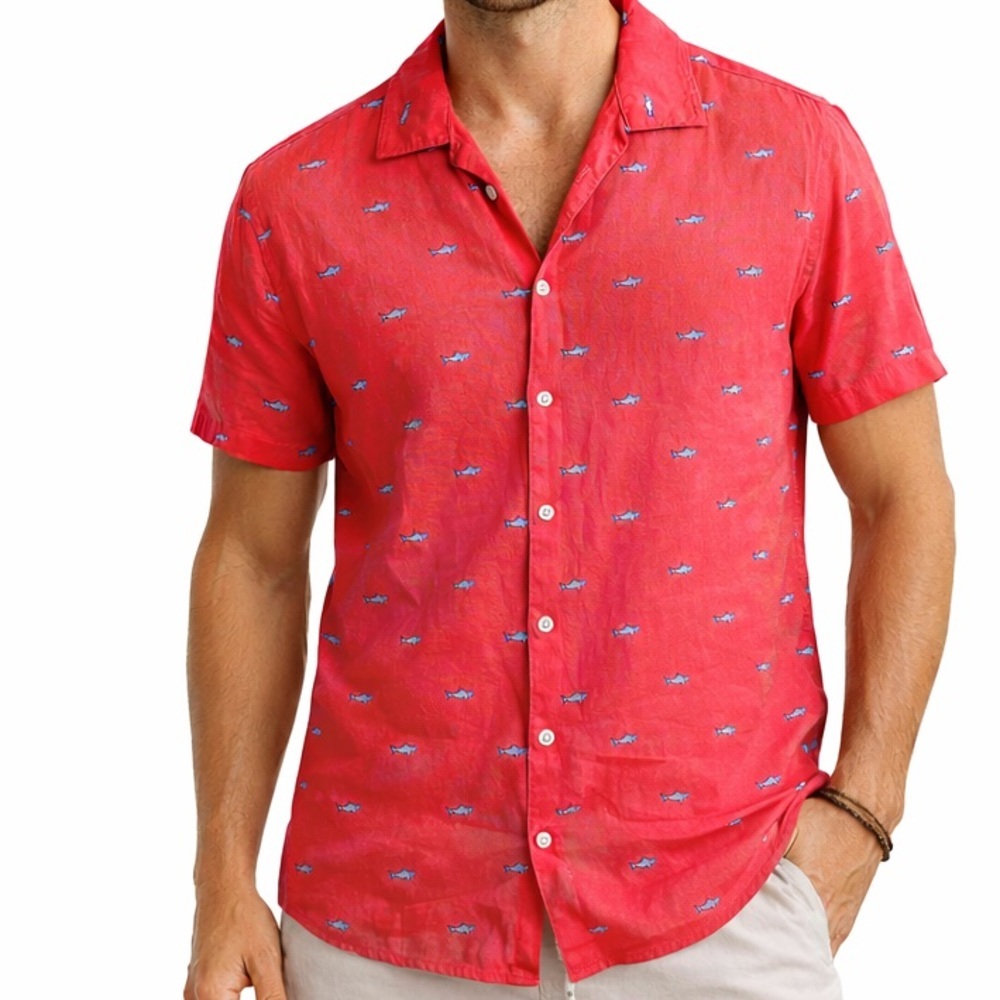 Trunks Surf & Swim Co Shark Print Button Down Shirt Red Coral Cotton Beach Small